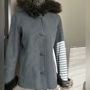 Blue Faux Fur Trim Suede Jacket